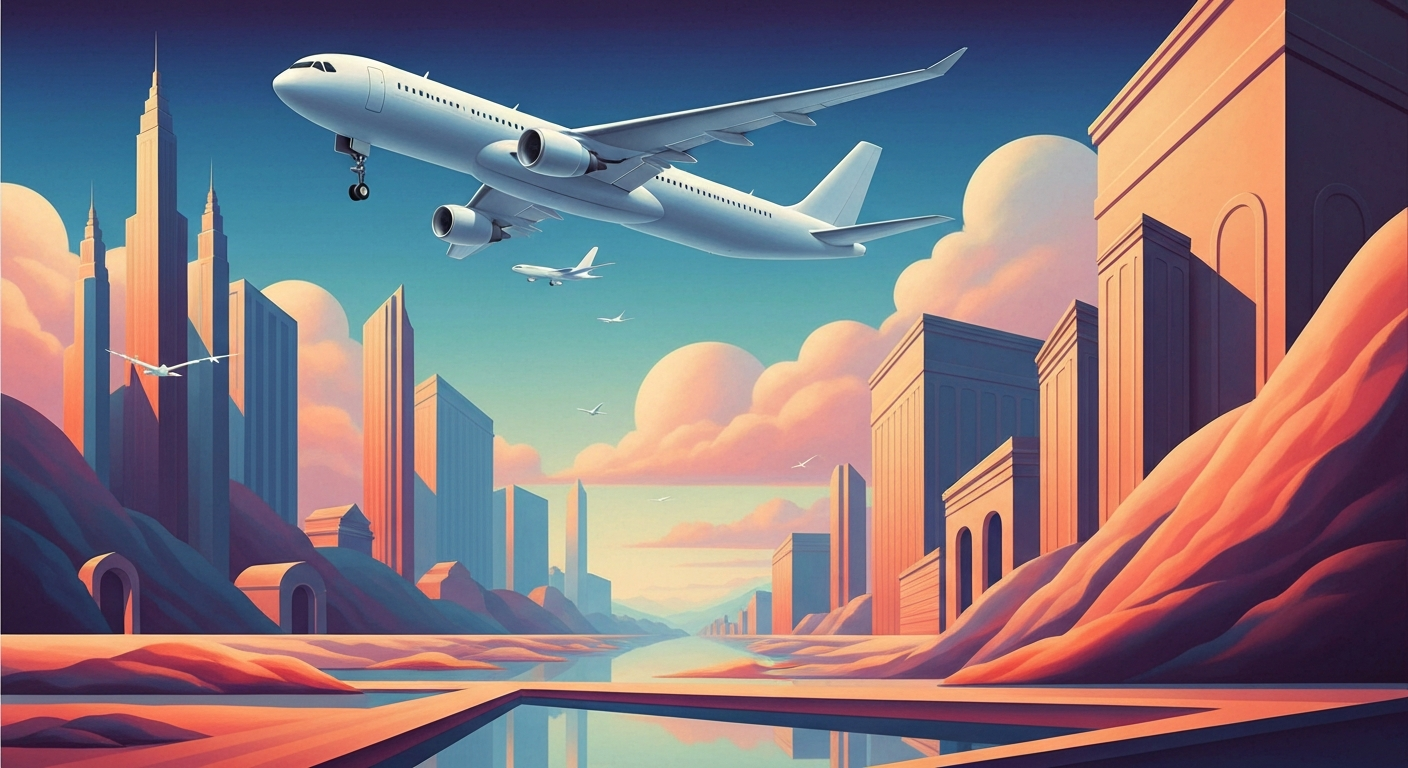 A highly stylized, geometric illustration depicting the grand scale and streamlined elegance of international air travel, with sweeping gradients and towering architectural forms, conveying the excitement and possibilities of Aer Lingus' route network expansion.