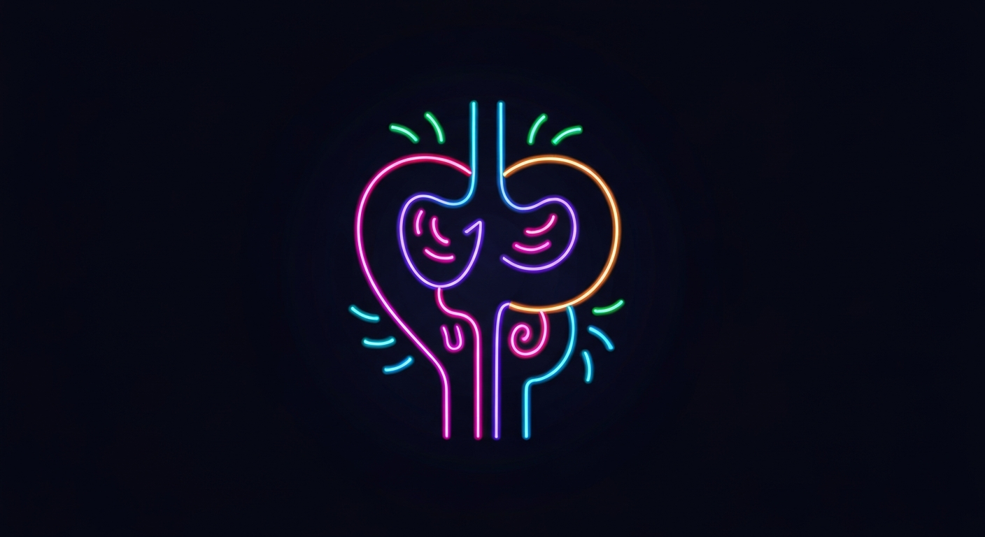 A glowing, vibrant neon outline of a human organ or body part against a dark background, conceptually representing the early warning signs of cancer that can be easily overlooked.