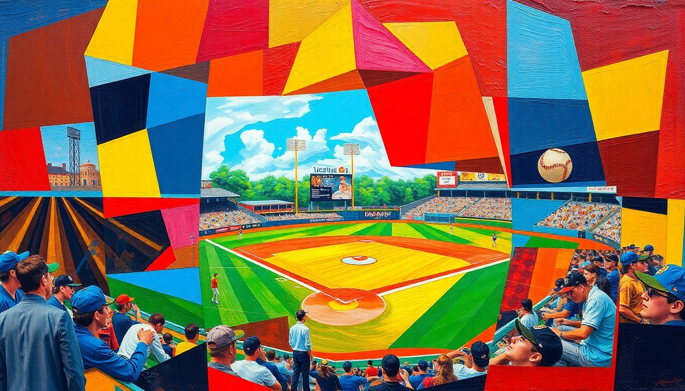 A cubist, geometric painting depicting a high school baseball game, with players and the field broken down into sharp, overlapping planes of bright blue, red, and yellow.