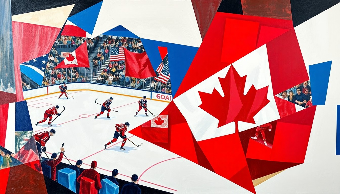 A fractured, multi-perspective painting in vibrant shades of red, white, and blue, depicting the chaotic and overlapping movements of hockey players and the puck during an intense overtime period, conveying the raw emotion and energy of the game-winning moment for Team USA.