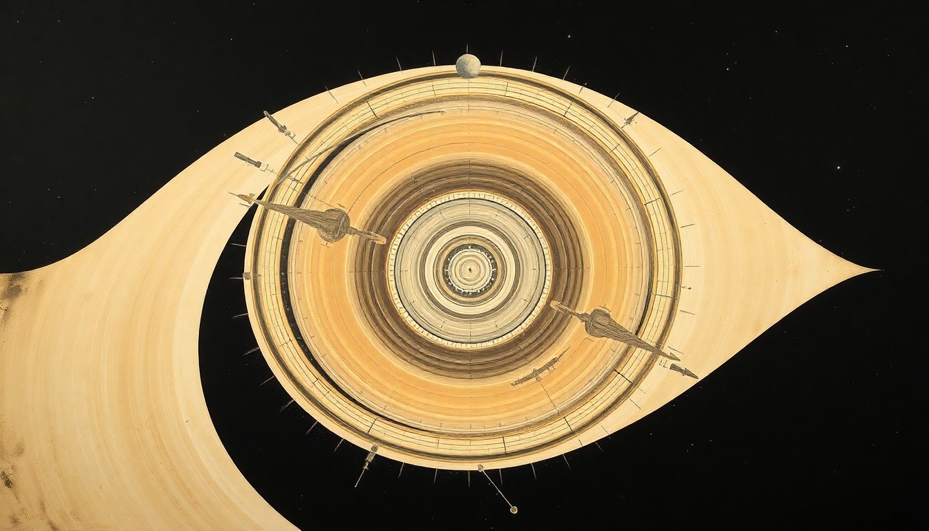 A highly textured, abstract painting in earthy tones featuring sweeping geometric shapes and intersecting waveforms, conceptually representing the complex forces and structures involved in the recovery of the Orion spacecraft.