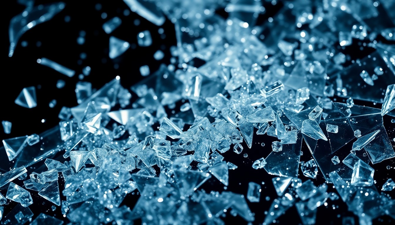 An extreme close-up of shattered glass reflecting dramatic, high-contrast lighting, creating a sense of glamour and fragility, conceptually representing the breakup of a reality TV relationship.