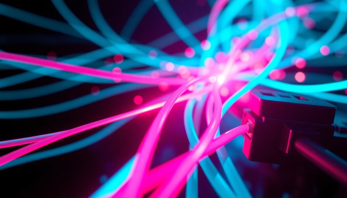 A highly detailed, glowing 3D illustration of fiber optic cables and network hardware, conceptually representing the advanced connectivity being brought to the town of Wann.