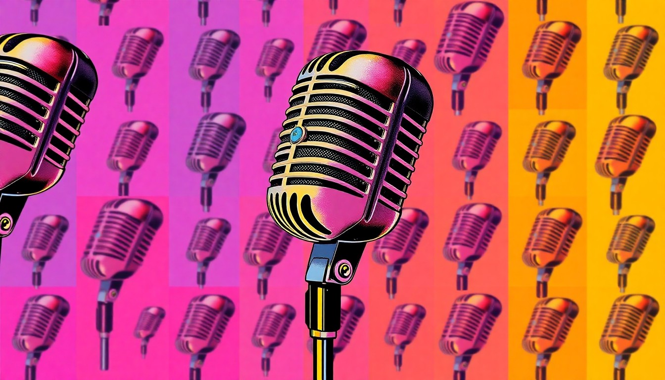 A vibrant, silkscreen-style illustration featuring a repeated pattern of a radio microphone in bold, neon colors, conceptually representing the energy and celebration of the Nowata High School Class Days radio broadcast.