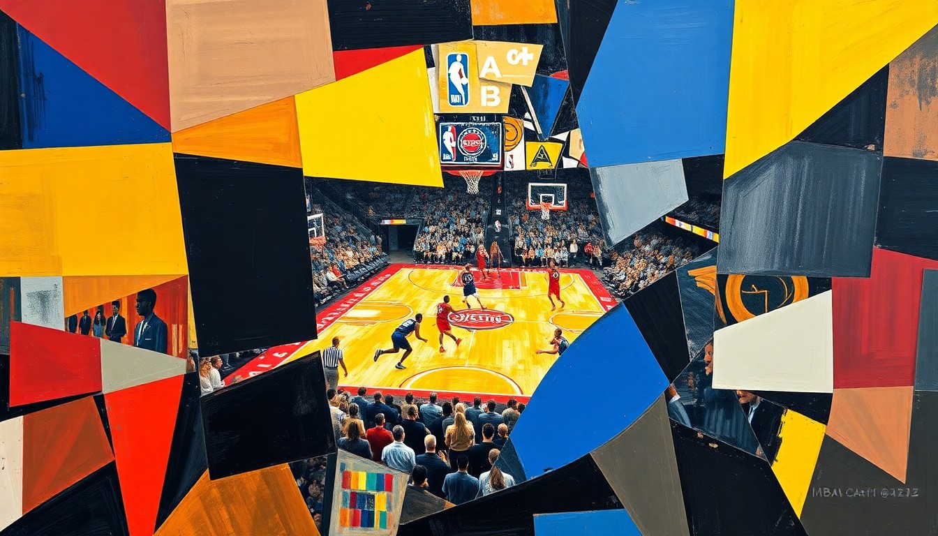 A fractured, geometric painting depicting a basketball game, with sharp overlapping planes of color and form representing the dynamic action on the court.