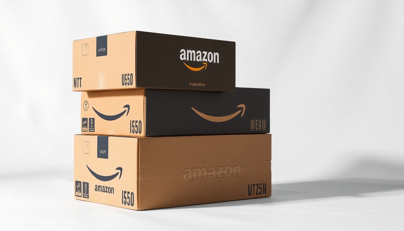 A high-end, photorealistic studio still-life photograph featuring a stack of premium, polished Amazon shipping boxes arranged elegantly on a clean, white background, conceptually representing the power dynamics and tensions between the tech giant and organized labor.