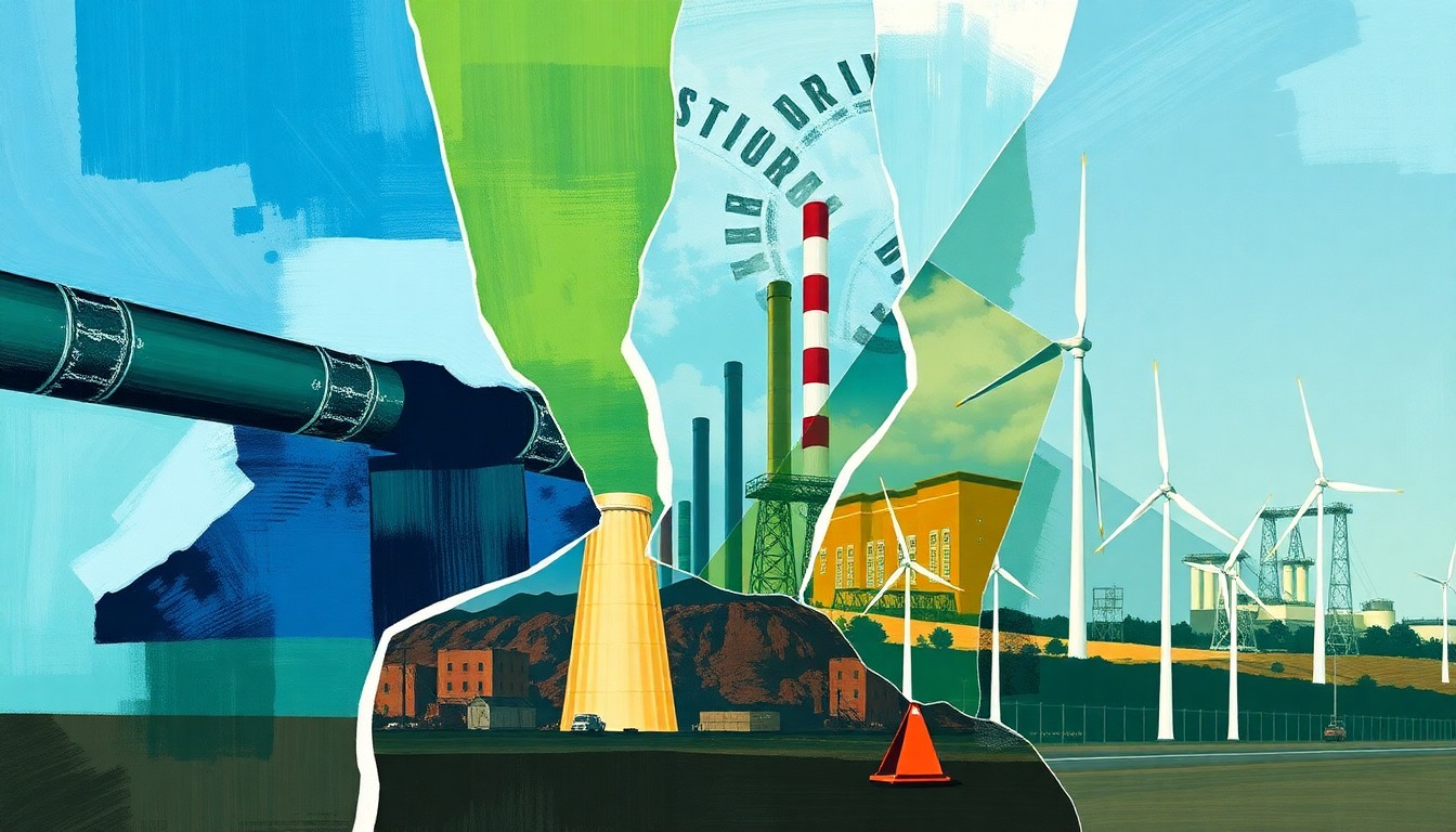 A dynamic, fractured painting depicting the clash between fossil fuels and renewable energy in New York's climate policy, with overlapping images of a gas pipeline, power plant, and wind turbines in vibrant shades of blue, green, and orange.