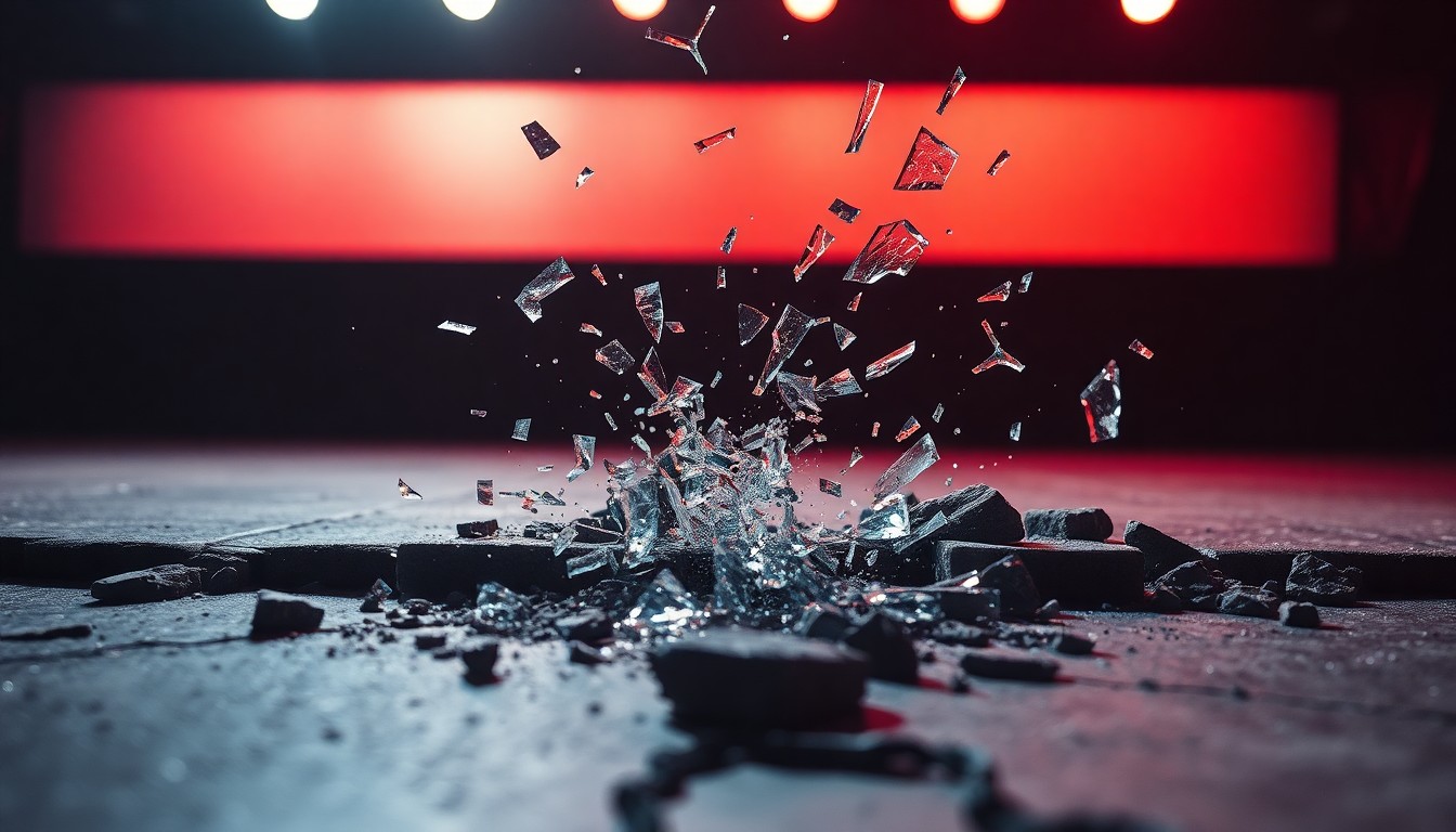 An abstract close-up image of shattered glass and cracked concrete, captured in dramatic high-contrast studio lighting to convey a sense of disruption and violence within the music industry.