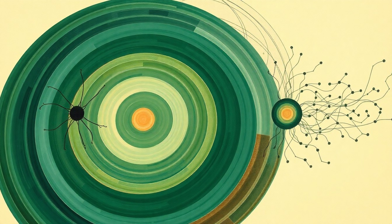 A highly structured, abstract painting in earthy tones of green, blue, and brown, featuring sweeping geometric arcs, concentric circular forms, and precise botanical or physical spirals, conceptually representing the complex molecular interactions that govern the connections between inhibitory and excitatory neurons in the brain.