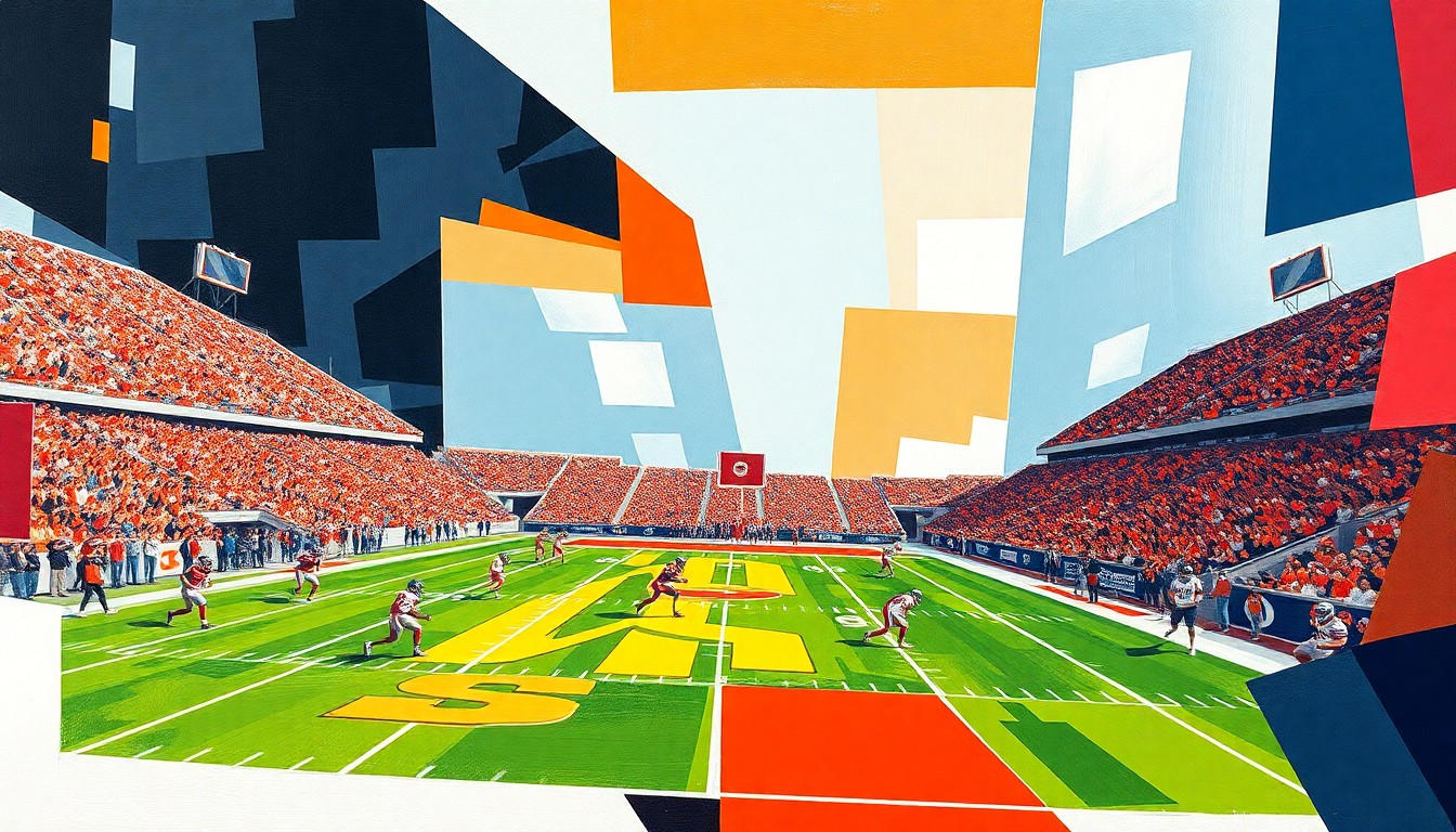 A fractured, geometric painting depicting an abstract college football game, with players and field reduced to sharp, overlapping planes of color, capturing the dynamic energy of the competition.