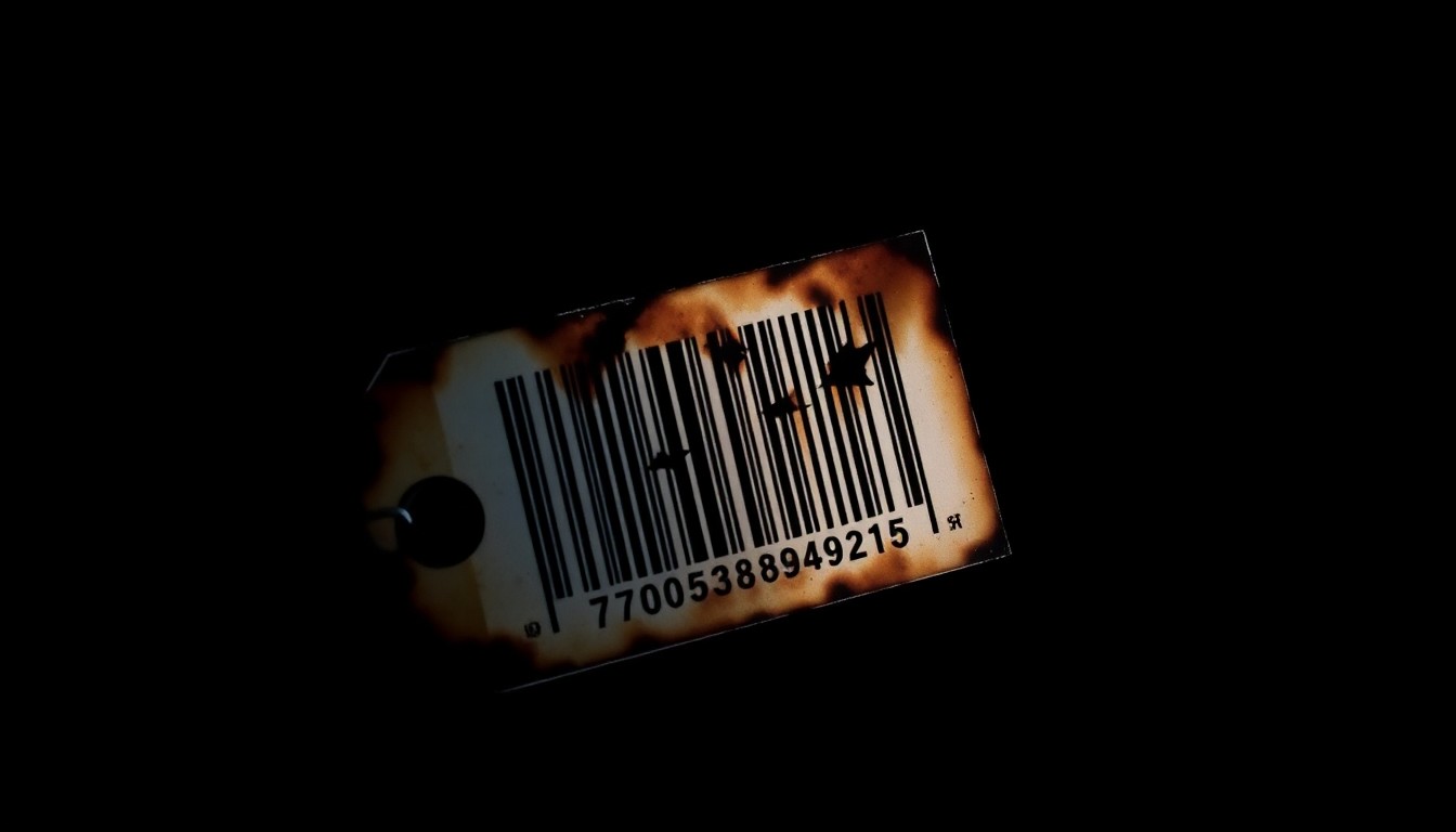 An extreme close-up photograph of a charred retail price tag or product barcode, conceptually representing the damage caused by an arson attack at a shopping mall.