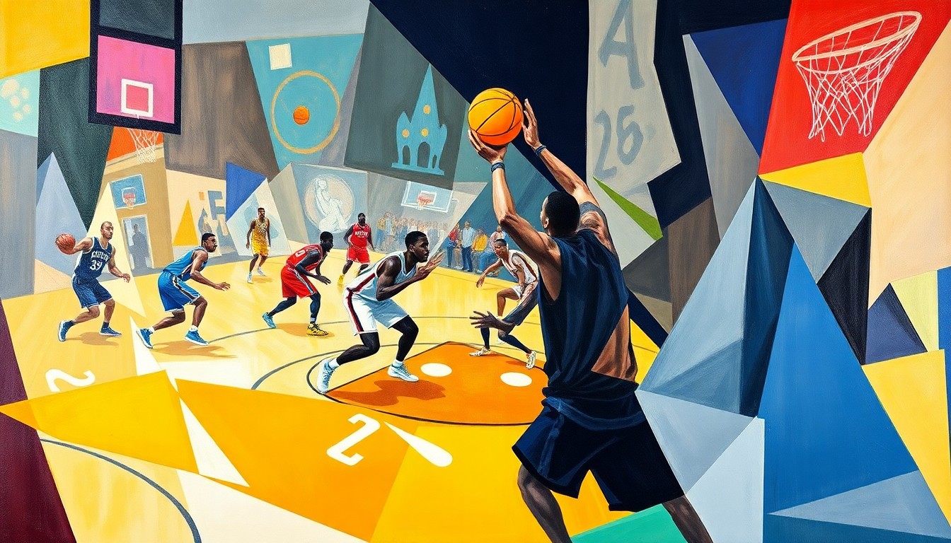 A cubist, geometric painting depicting an abstracted basketball game, with the players' forms broken down into colorful, overlapping angular shapes, creating a dynamic and visually striking composition.