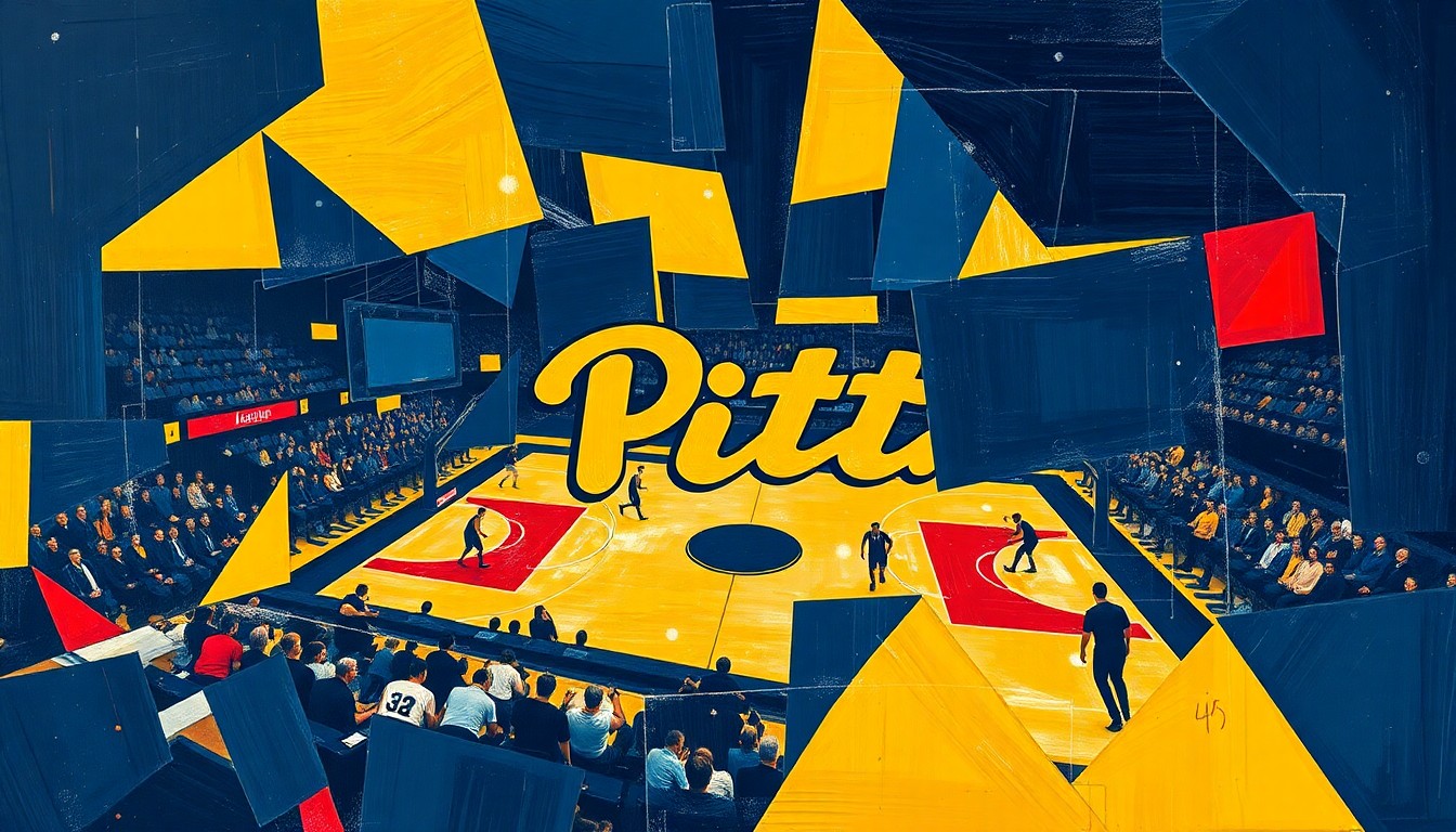 A cubist, geometric painting depicting a basketball player in motion, with sharp, overlapping planes of navy, gold, and red colors representing the Pitt Panthers.