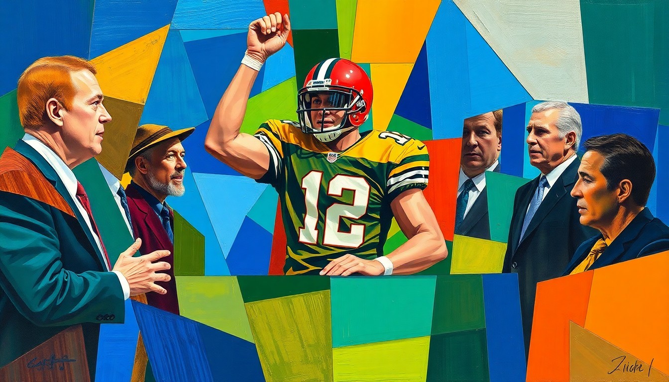 A cubist, geometric painting depicting a football player being celebrated by a team's coaching staff, with sharp, overlapping planes of color representing the emotional energy of the moment.