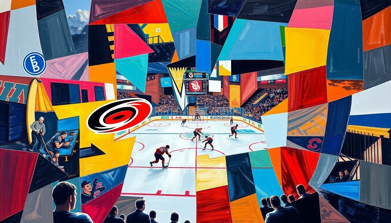 A fractured, cubist-style painting depicting a hockey game, with sharp geometric shapes and planes in the Hurricanes' and Mammoth's team colors, capturing the dynamic energy and strategic nature of the matchup.