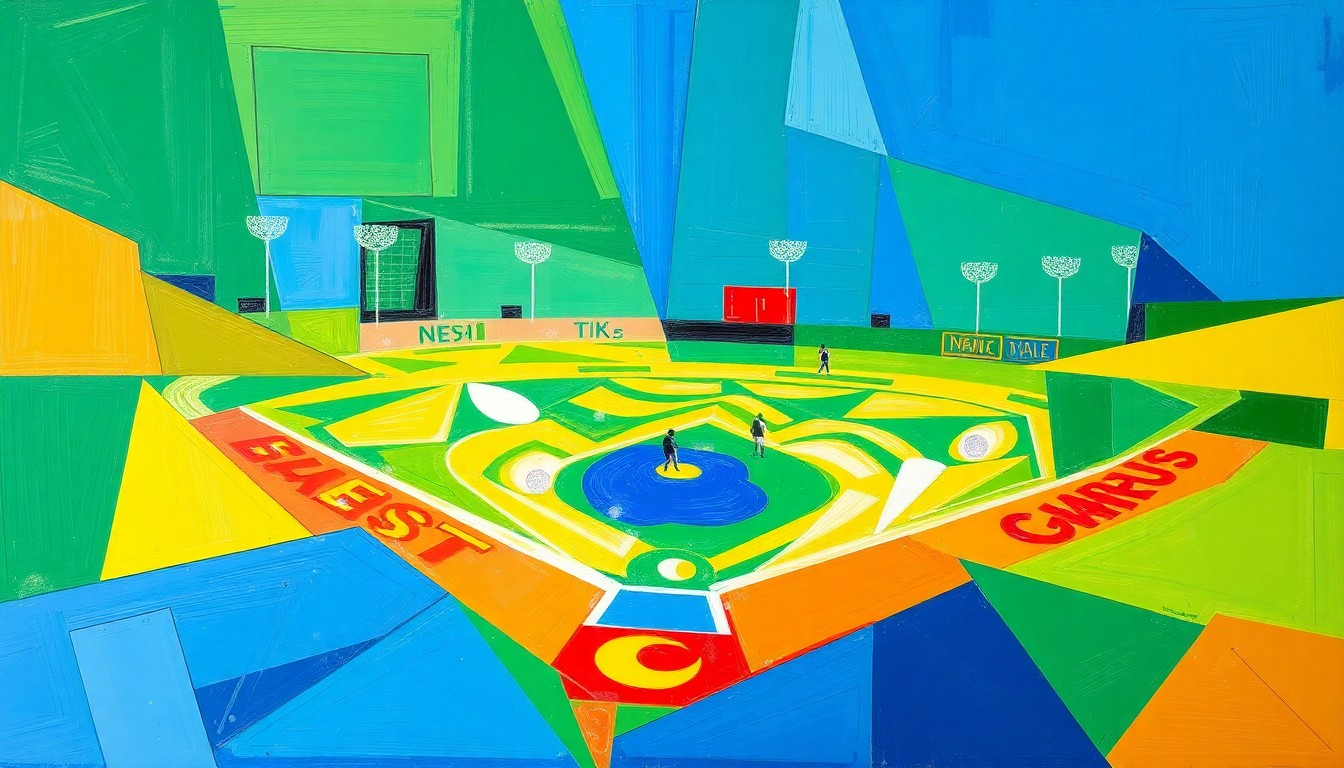 A cubist-style painting depicting a softball game broken down into fragmented, overlapping geometric shapes and planes in a vibrant color palette, conveying the dynamic energy and competitive spirit of the sport.