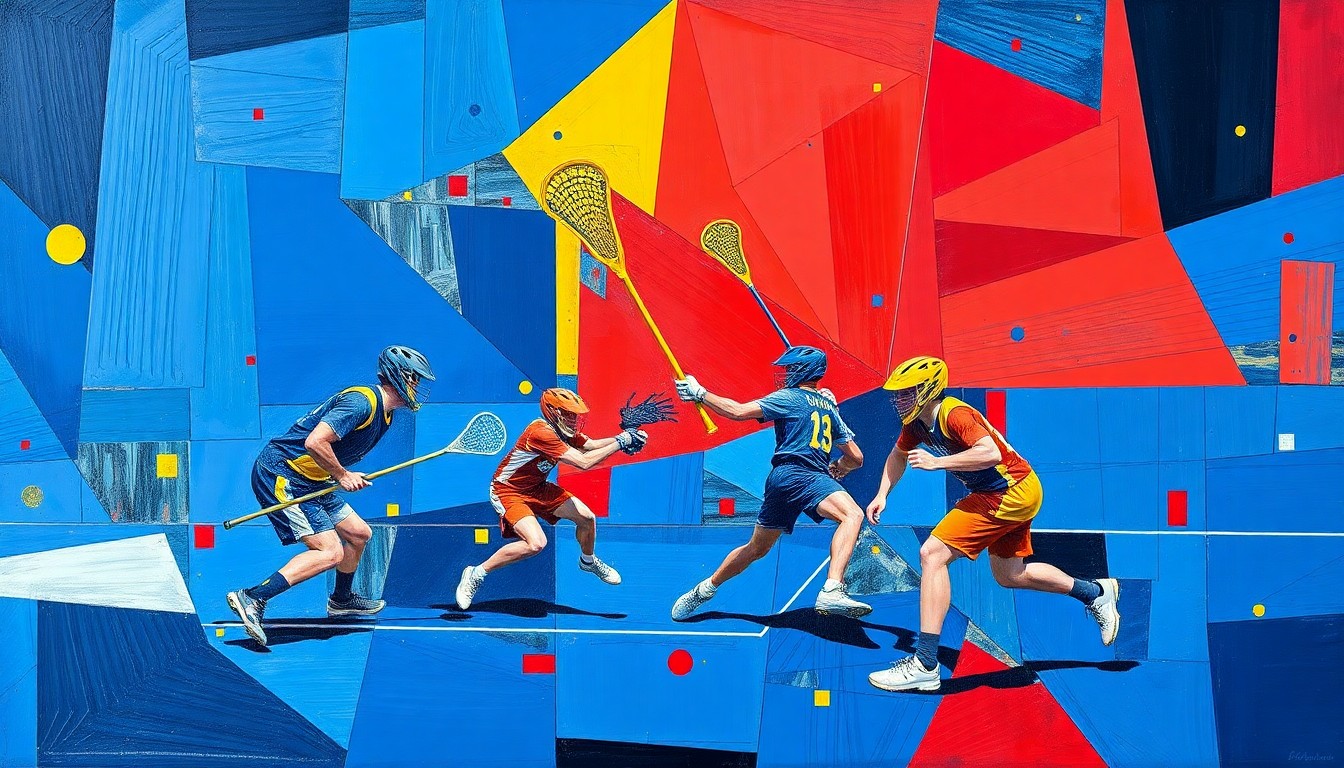 A fragmented, geometric painting depicting the dynamic movements and clashing forces of a lacrosse game, rendered in bold primary colors that capture the sport's intensity.