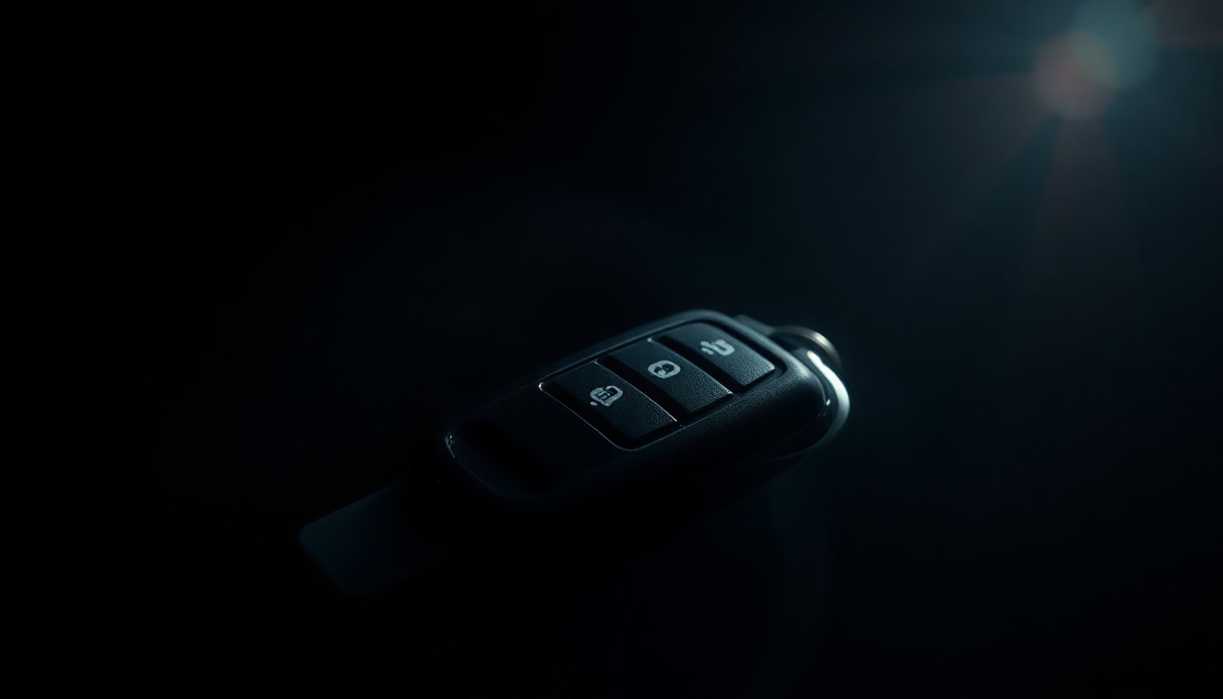 An extreme close-up photograph of a car key fob partially submerged in murky water, reflecting a harsh, direct camera flash against a pitch-black background, conceptually representing the investigation into a tragic drowning incident.
