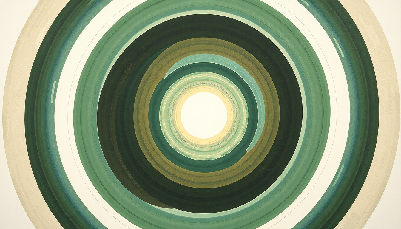 An abstract, highly structured painting in earthy tones of green, brown, and blue, featuring sweeping geometric arcs, concentric circular forms, and precise botanical spirals, conceptually representing the efficient neural architecture and visual processing capabilities of a new compact AI model.