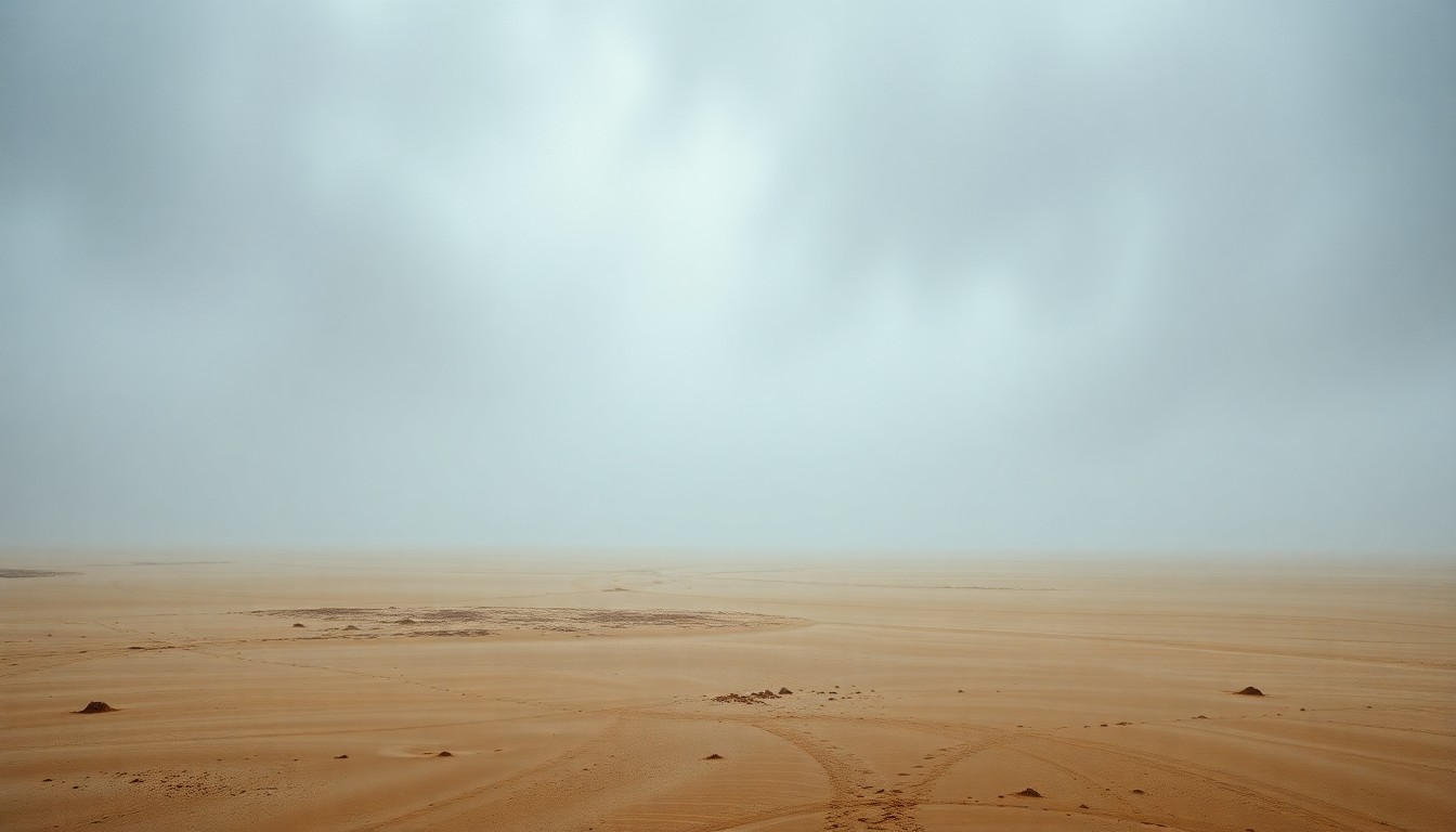 A sweeping, atmospheric landscape painting depicting a deserted, windswept beach with the ocean horizon in the distance, conveying a sense of melancholy and the overwhelming power of nature as heavy fog or blowing sand obscures the beach access points.