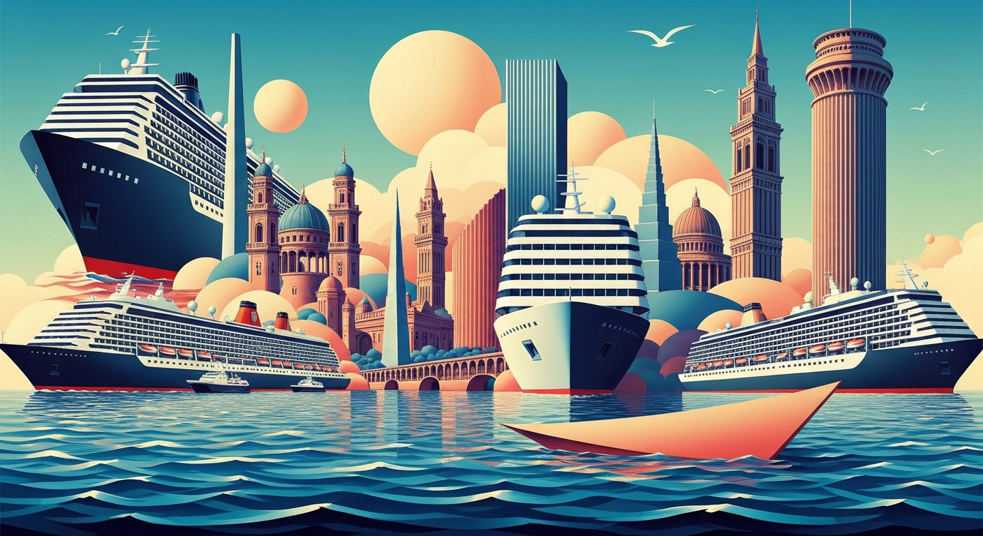 A bold, geometric illustration depicting the grand scale and sweeping perspectives of a global cruise voyage, with towering cruise ships and international landmarks rendered in smooth, airbrushed gradients and streamlined forms.