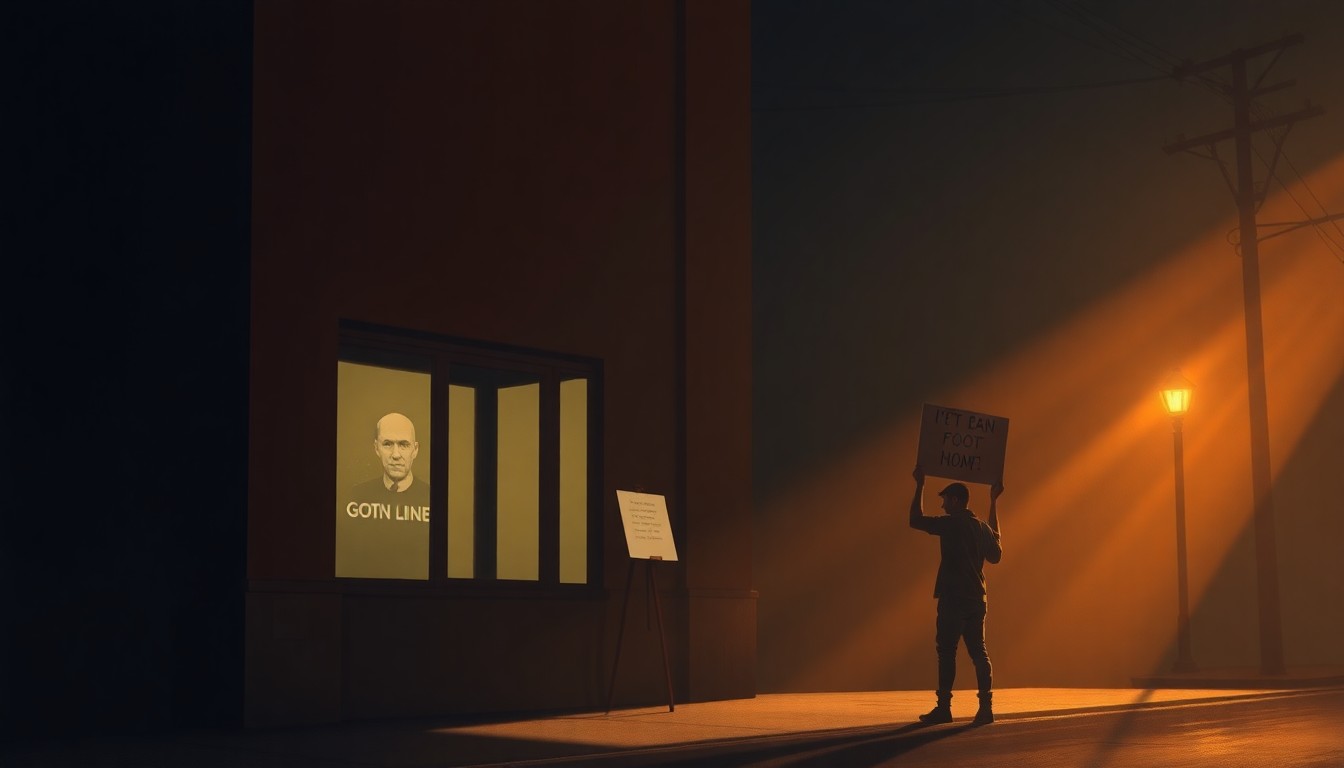 A textured, cinematic painting depicting a lone protester holding a sign in front of a dimly lit building, with warm sunlight and deep shadows creating a somber, reflective mood.