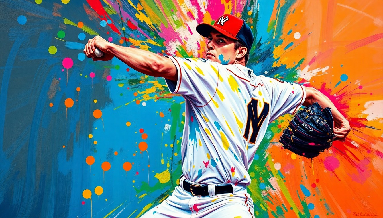 A vibrant, expressionist painting in neon colors depicts the blurred, dynamic motion of a baseball pitcher, conveying the overwhelming dominance and skill of Mason Miller's record-breaking start to the 2026 season.
