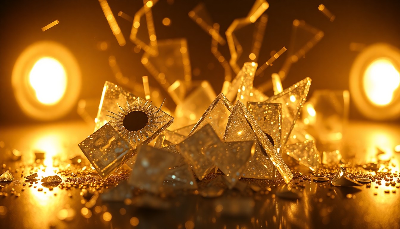 An abstract close-up image of shattered glass and glittering sequins, captured in dramatic high-contrast studio lighting to convey the fragile nature of child stardom.