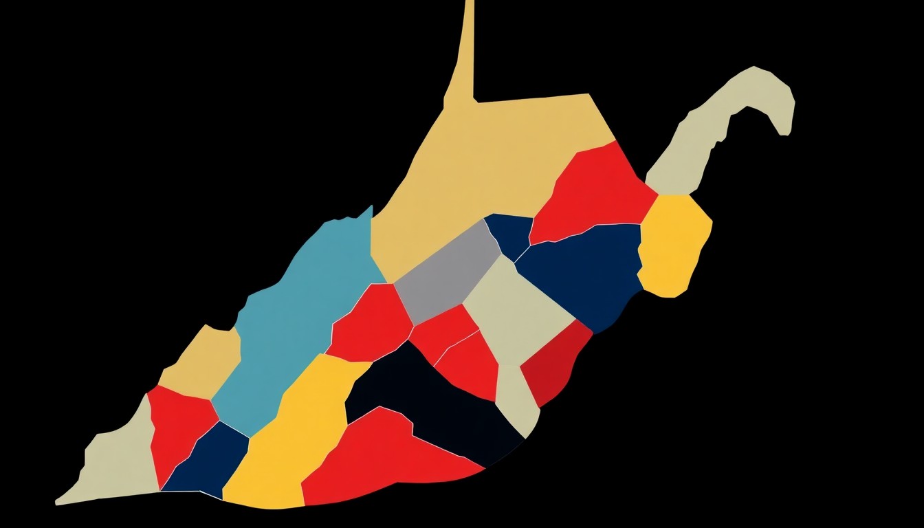 A minimalist illustration using bold geometric shapes and primary colors to conceptually represent the economic and demographic decline of West Virginia's coalfield counties, without any text or identifiable elements.