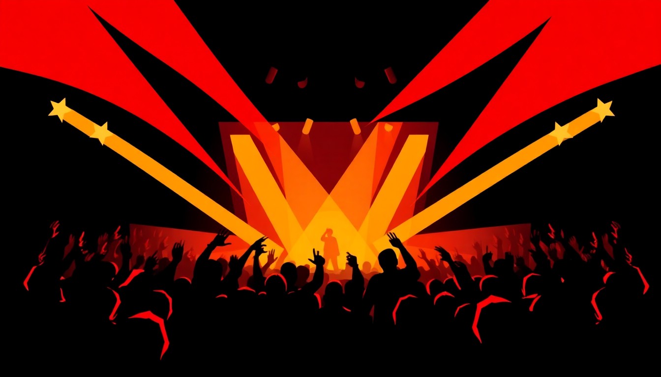 An abstract, minimalist illustration featuring jagged, overlapping shapes in deep red, black, and golden yellow, capturing the high-energy spirit of a southern rock concert without any text or literal imagery.