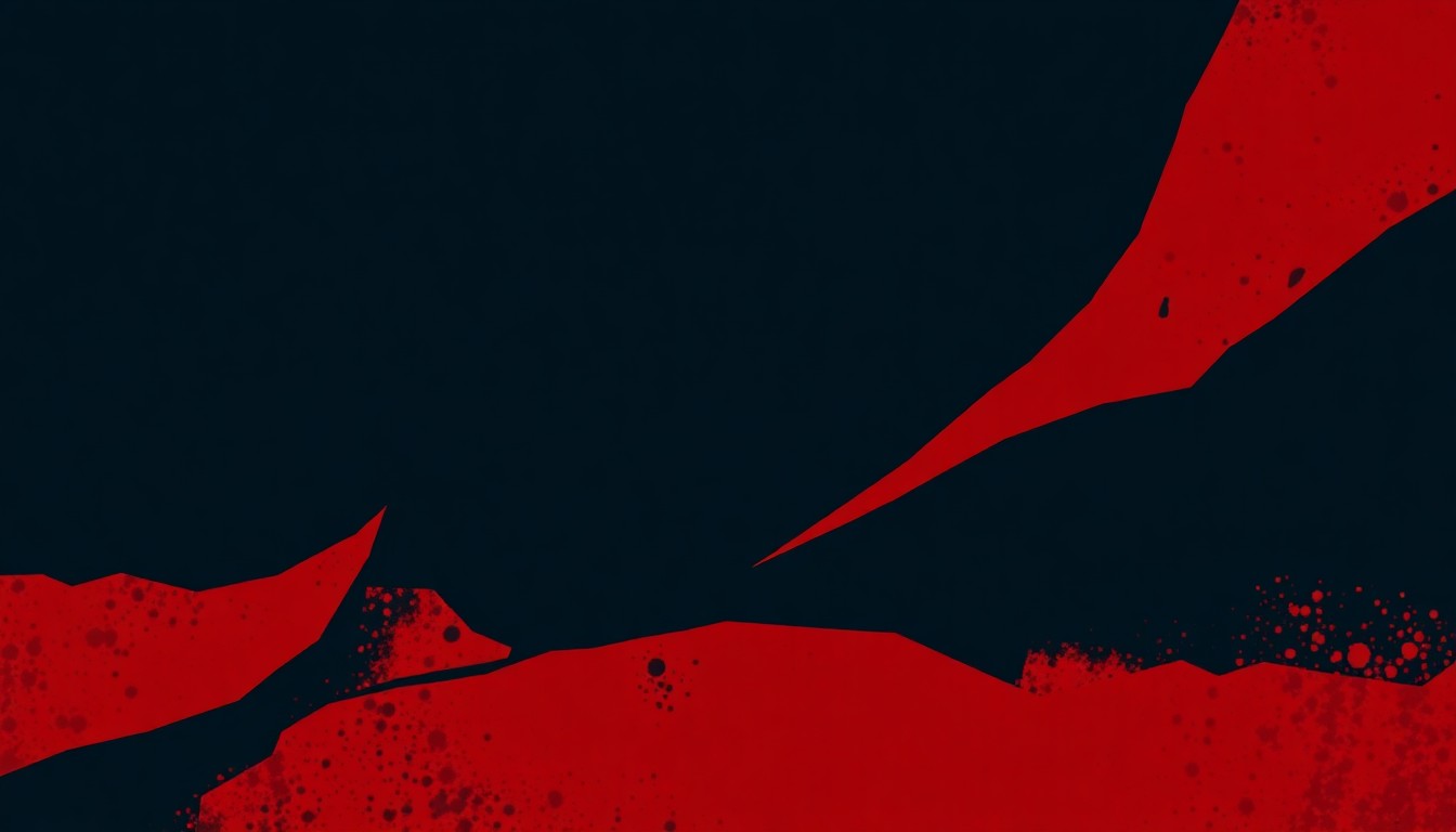 An abstract, minimalist illustration composed of sharp, angular shapes in dark blue, green, and red, conveying the conflicting themes of war and peace.