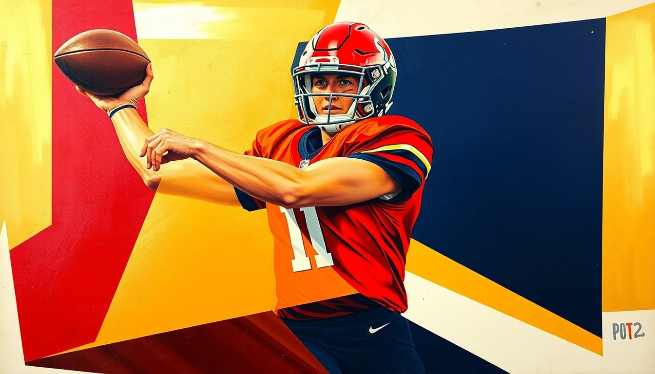 A fractured, geometric painting depicting the various angles and perspectives of a college football quarterback's throwing motion, with sharp planes of scarlet red, metallic gold, and deep navy blue, conceptually representing the multi-faceted development of Ohio State's Julian Sayin under the guidance of new offensive coordinator Arthur Smith.