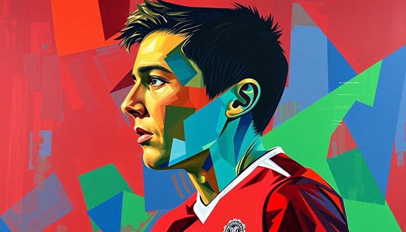 A fractured, geometric painting depicting the complex career trajectory of a young soccer player, with sharp planes of color and overlapping perspectives.