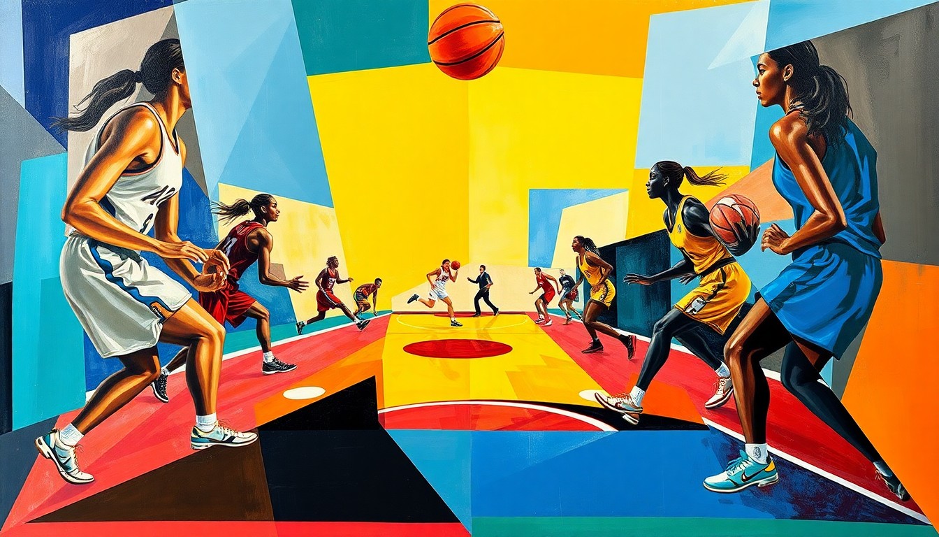A fractured, cubist-style painting depicting the abstracted figures of WNBA players in motion, with the basketball court and ball cutting through the angular, geometric composition in a vibrant color palette.