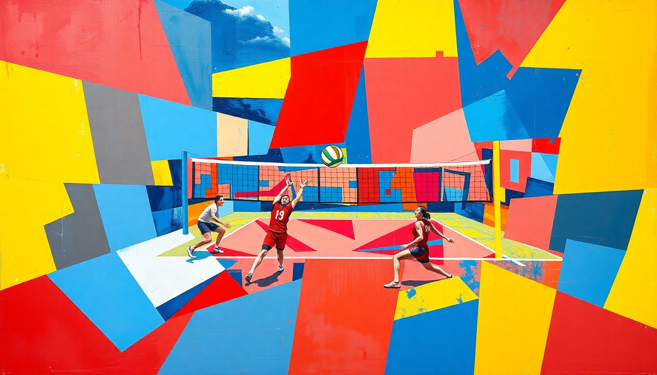 A cubist, geometric painting depicting a volleyball match, with the players and court broken down into sharp, overlapping planes of bright red, blue, and yellow, conveying the dynamic energy and skill of the Huskers' performance.