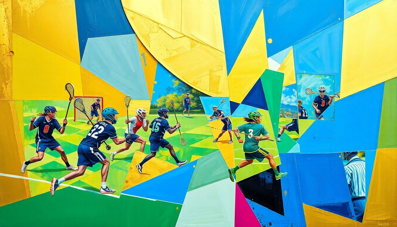 A cubist, geometric painting depicting the chaotic action of a high school lacrosse game, with overlapping planes of color and shape representing the players, field, and ball.