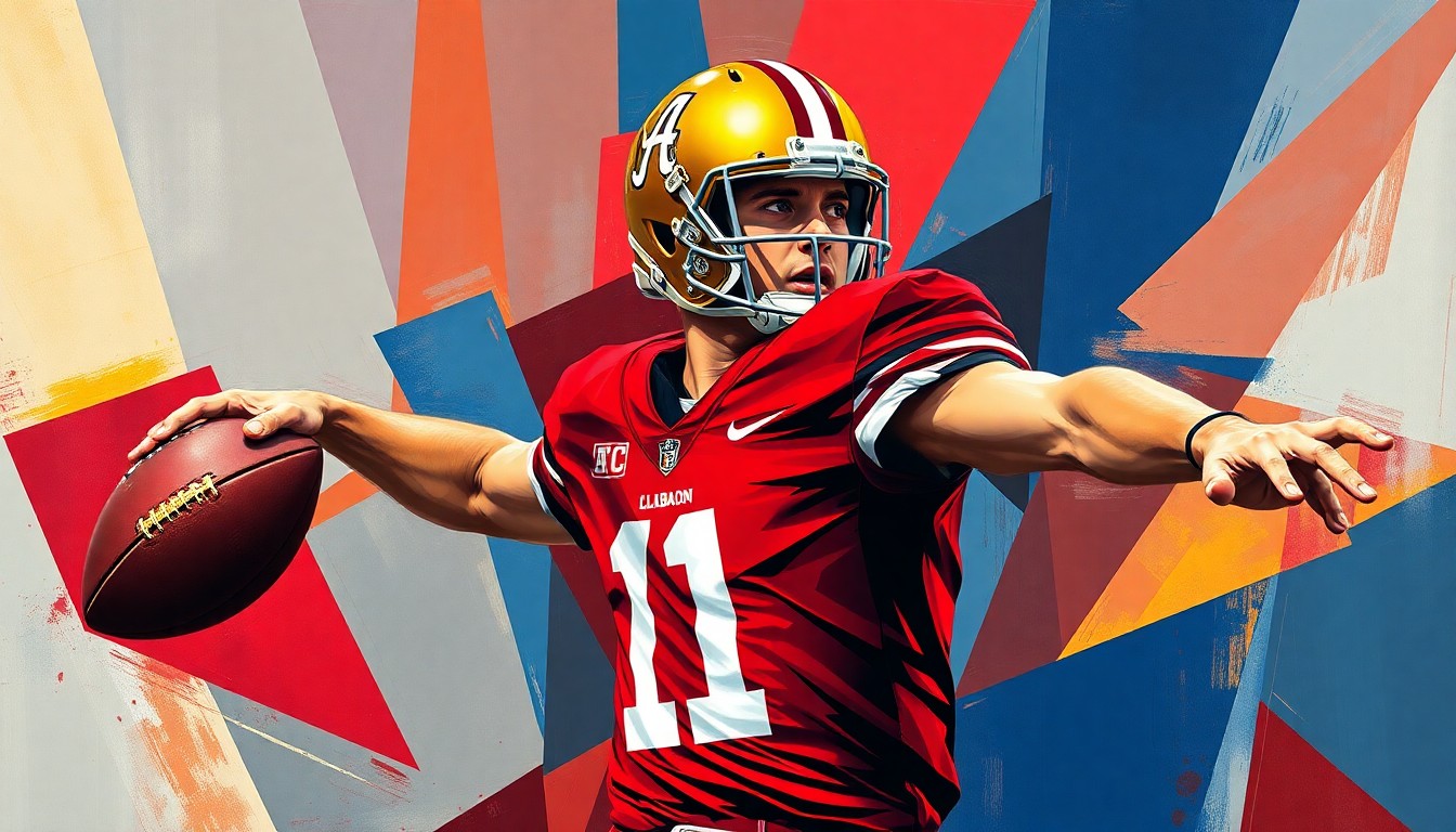 A fractured, multi-perspective painting depicting the dynamic motion and athleticism of a football quarterback, with sharp geometric shapes and planes in deep crimson, navy blue, and gold colors conceptually representing the player's skills.