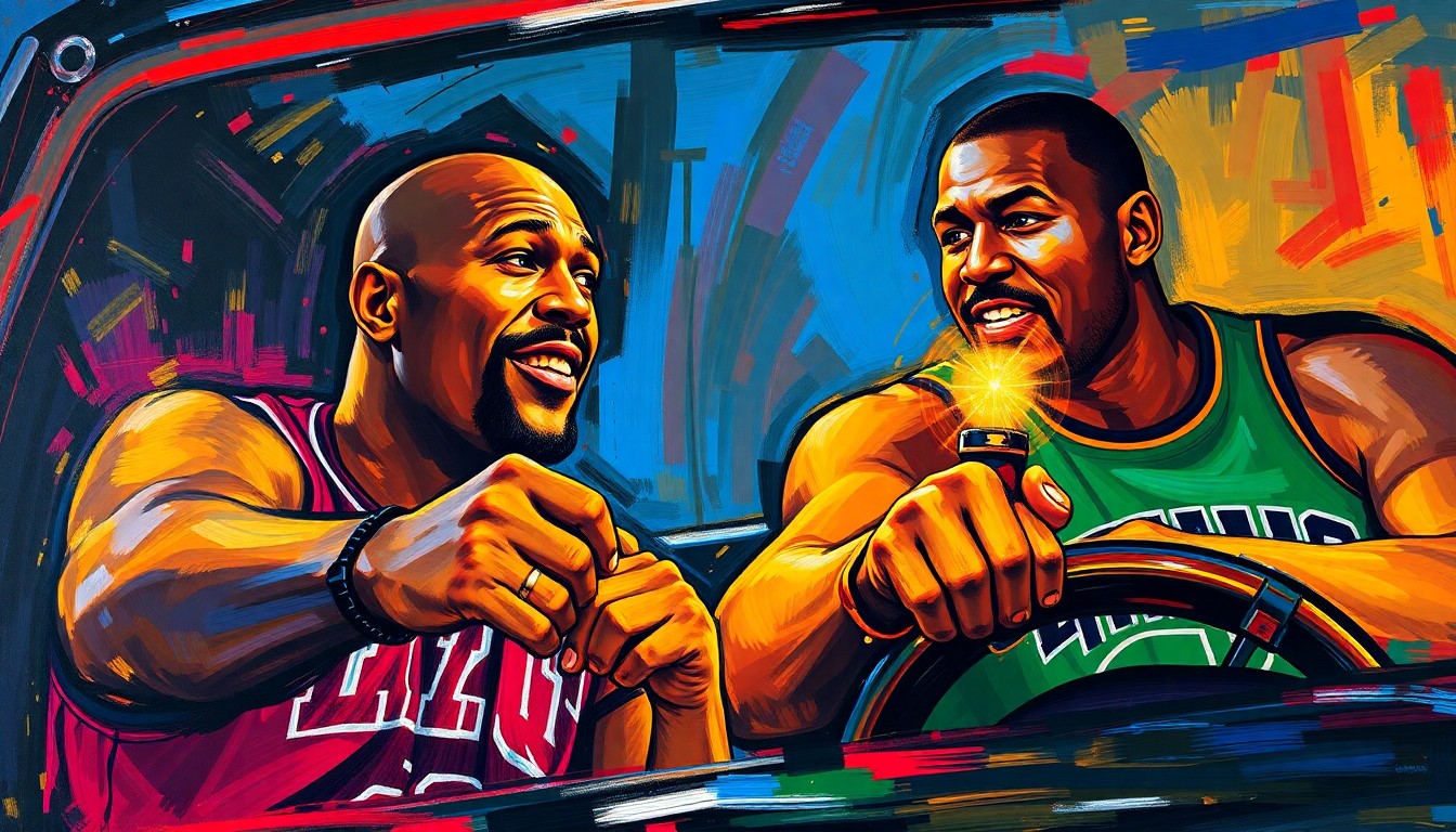 An energetic, expressionist painting in neon colors depicting Shaquille O'Neal in his truck pulling over a car with a flashing police light, capturing the raw energy and playfulness of the NBA legend's famous prank.