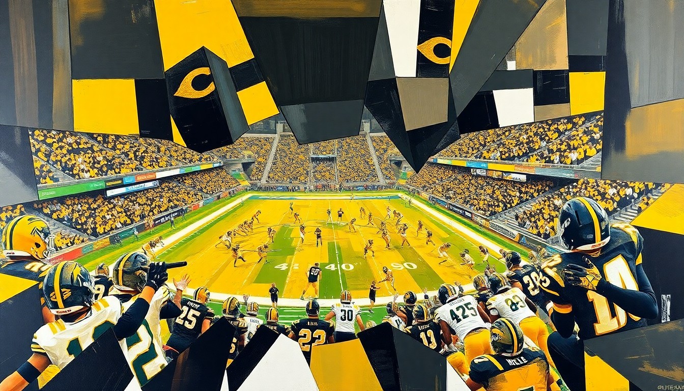 A fractured, multi-perspective painting in bold, vibrant colors depicting the dynamic action of a Colorado Buffaloes football game, with players and the field deconstructed into sharp, overlapping geometric shapes.