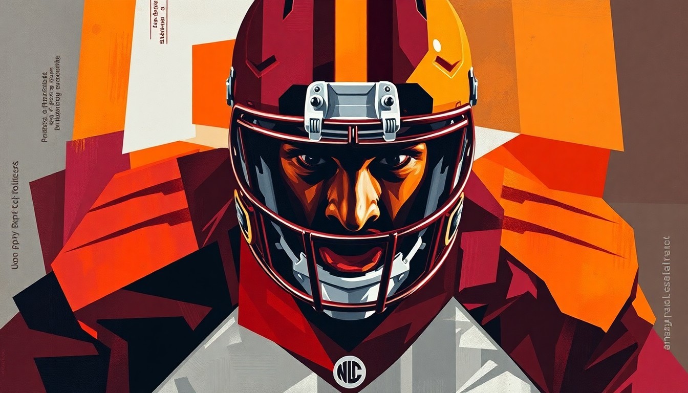 A cubist, geometric painting depicting the fragmented form of a large, powerful offensive lineman in motion, with sharp planes of maroon, orange, and grey conveying the strength and athleticism of the player.