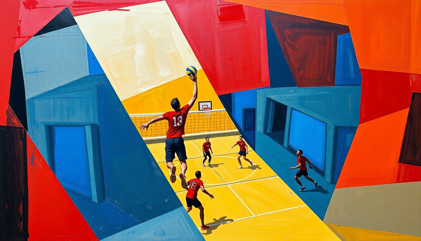 A fragmented, geometric painting in bold colors depicting the dynamic movements and competitive spirit of a volleyball match.