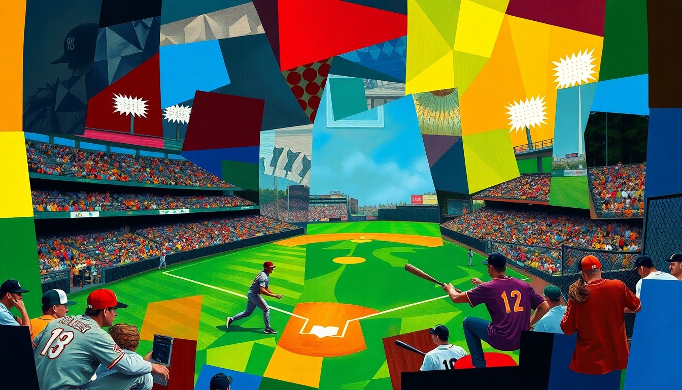 A fragmented, geometric painting depicting the dynamic action of a baseball game, with players, bats, and the field deconstructed into sharp, overlapping planes of color.