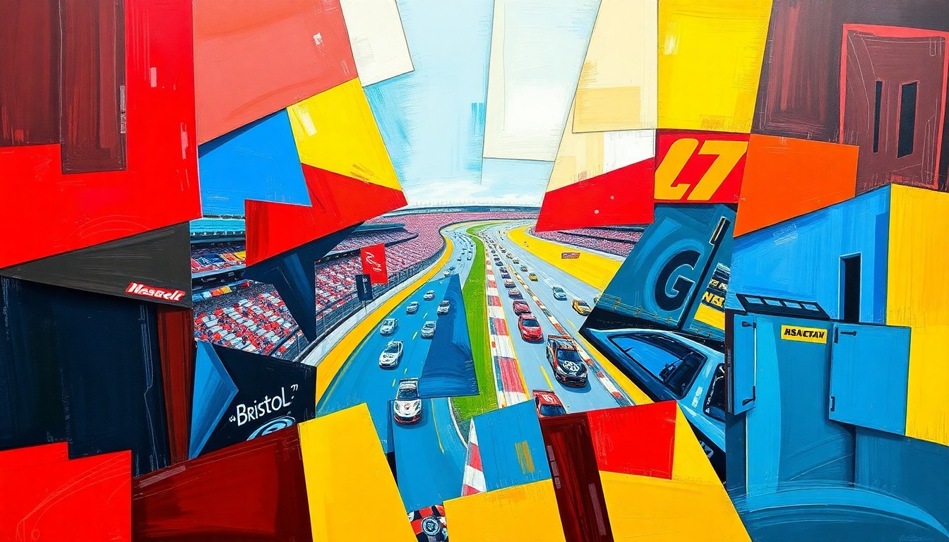 A cubist-style painting featuring fragmented, geometric shapes in bright colors representing the Bristol Motor Speedway racetrack and cars, capturing the dynamic energy of the NASCAR Cup Series qualifying session.