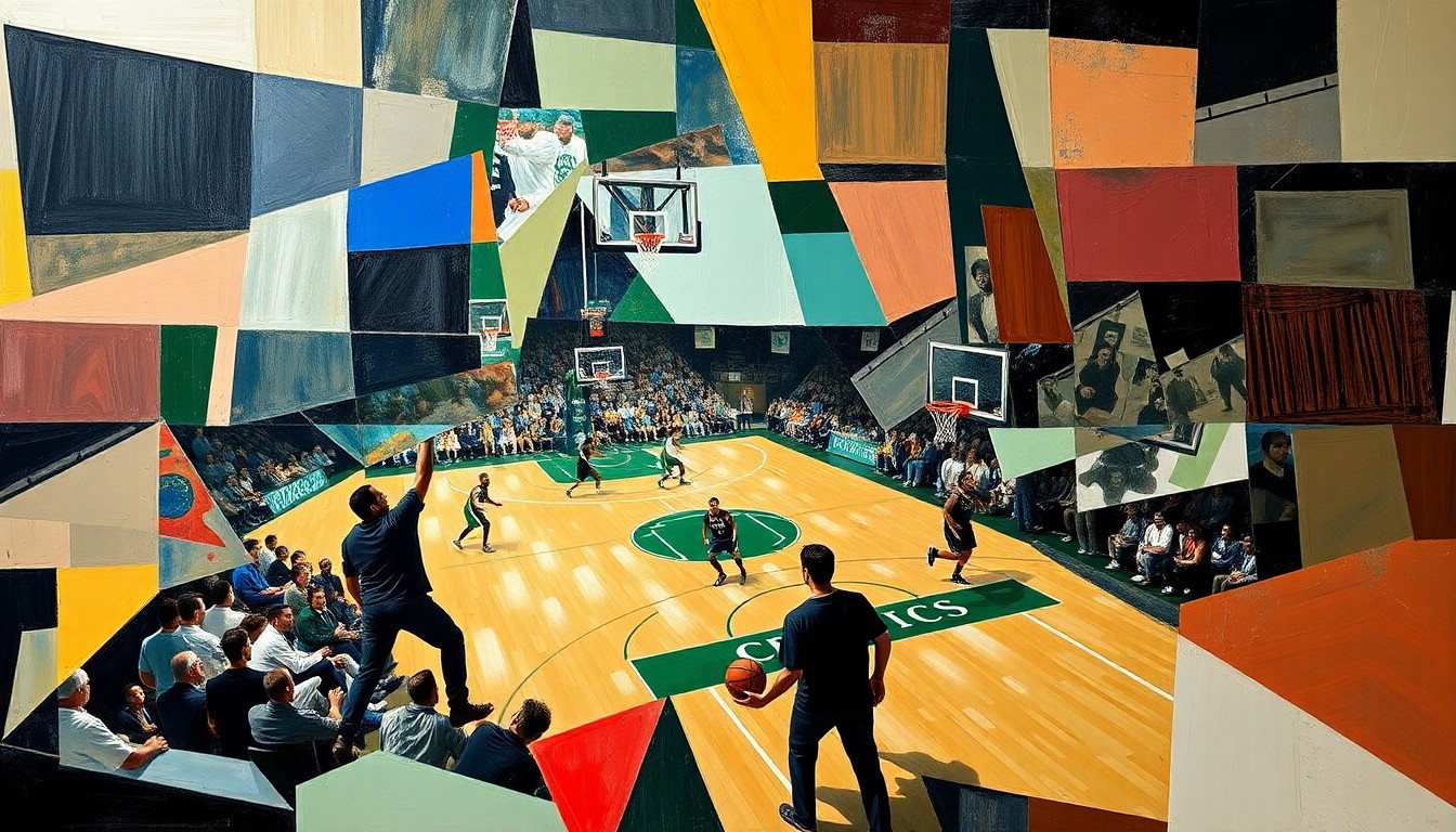 A cubist, geometric painting depicting a Celtics basketball game, with overlapping shapes and planes representing the dynamic action on the court.
