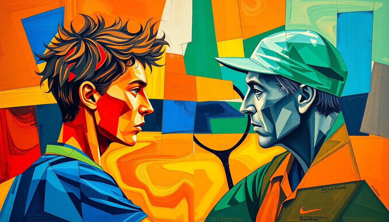 A fragmented, geometric painting depicting the dynamic action of a tennis match, with sharp planes of color and overlapping perspectives conveying the rapid ascent of a young player against an established veteran.