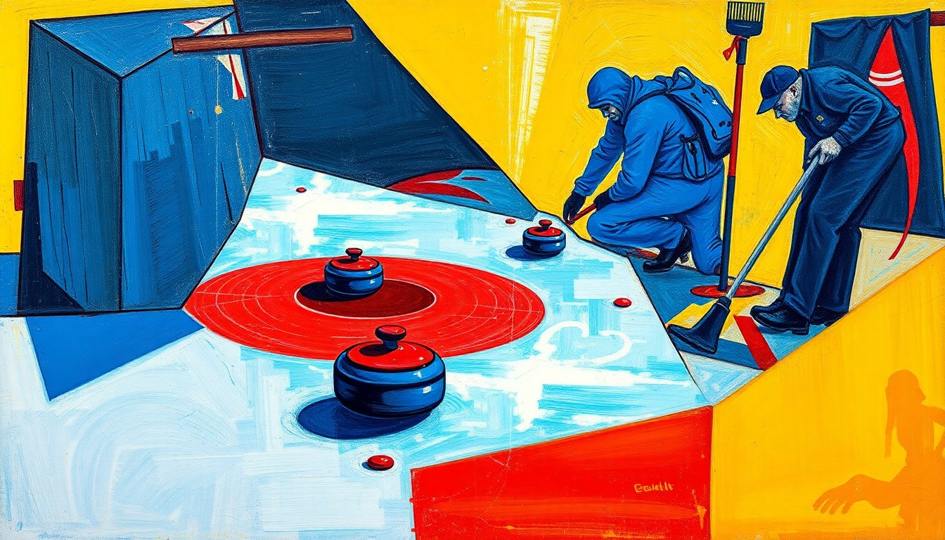 A cubist, geometric painting depicting a curling match broken down into overlapping planes of ice, stones, and brooms in vibrant blue, red, and yellow colors, capturing the intensity and complexity of the ongoing feud between elite curling teams.