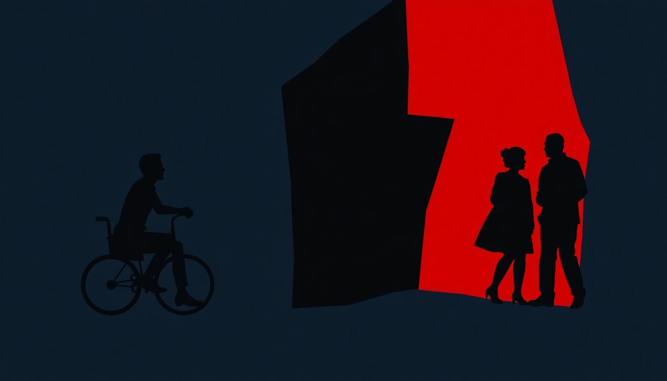 An abstract, minimalist illustration featuring stark black silhouettes and geometric shapes in muted blue, gray, and red tones, conceptually representing the intersection of disability, racial sensitivity, and live event management.