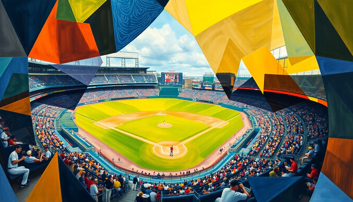 A fragmented, multi-angled painting depicting a baseball game in the cubist style, with the players, field, and stadium broken down into sharp, overlapping planes of color and geometric shapes.