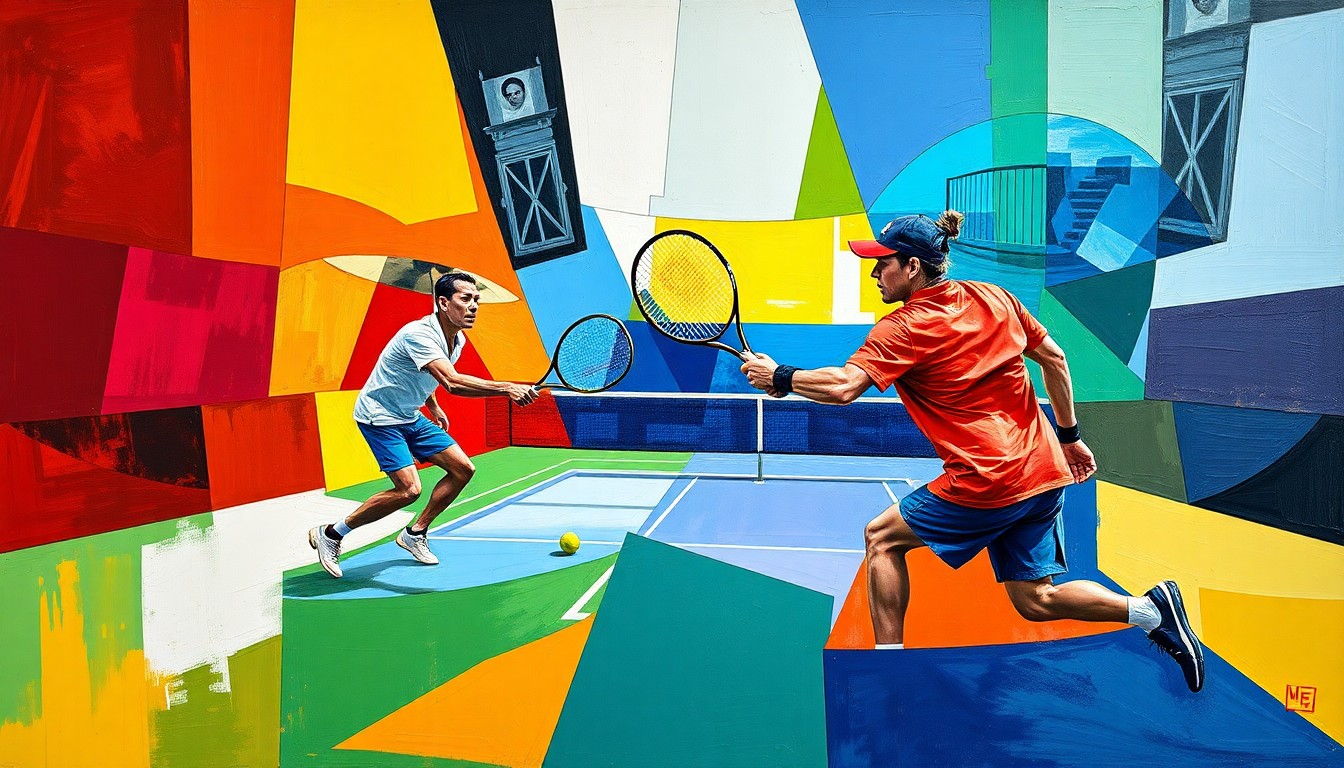 A fractured, multi-perspective painting in the style of Pablo Picasso, breaking a tennis match down into sharp, overlapping geometric planes of vibrant colors representing the players' contrasting styles and the intensity of the competition.