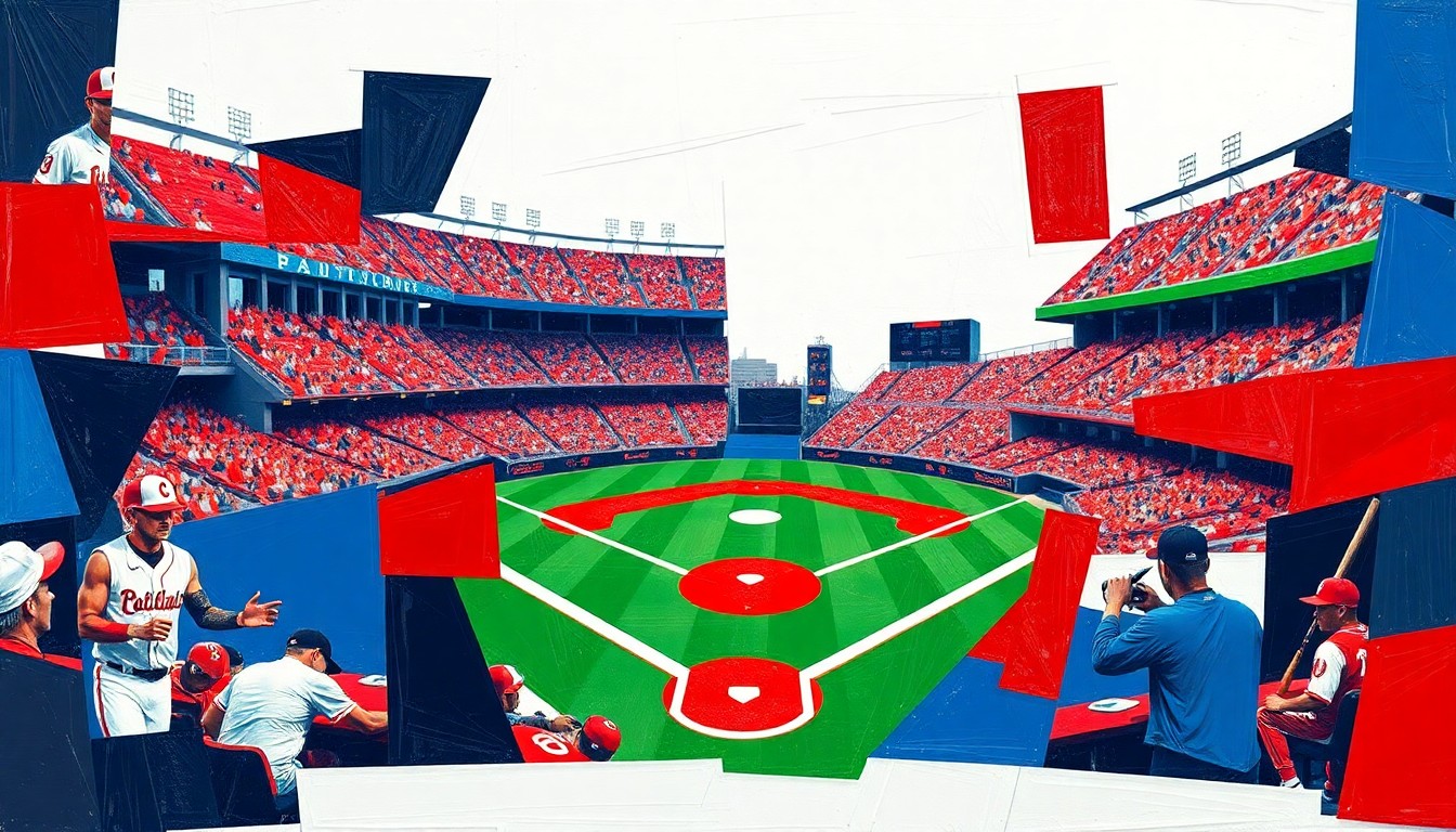 A fractured, multi-perspective painting featuring sharp, overlapping geometric shapes in navy blue, red, and white, conceptually representing the high-stakes drama of a close baseball game between two rival teams.